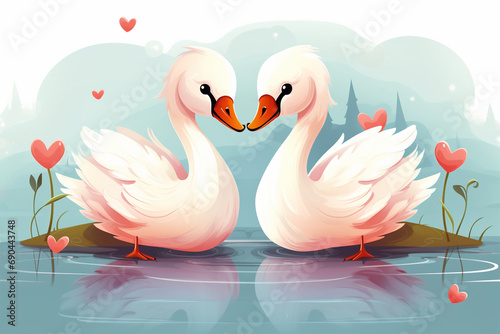 cartoon illustration of a pair of swans loving each other photo