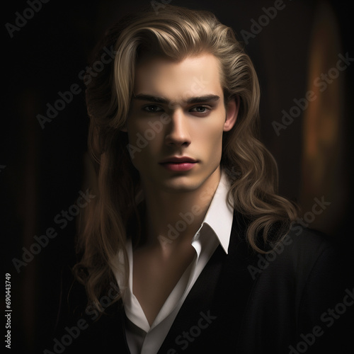 Portrait of a handsome young man in black suit. Men's beauty, fashion.