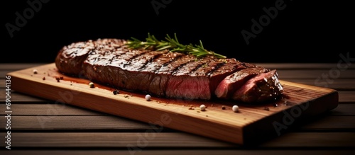 Grilled Sirloin Steak neatly sliced with liquid, soy sauce on a wooden board, black wooden table background