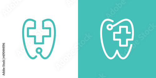 dental logo design combined with a plus sign and stethoscope, minimalist line.