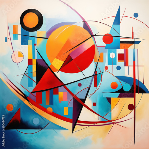 An abstract composition inspired by the works of Wassily Kandinsky. The image is filled with geometric shapes, lines, and curves in a vibrant palette of reds, blues, and yellows. photo