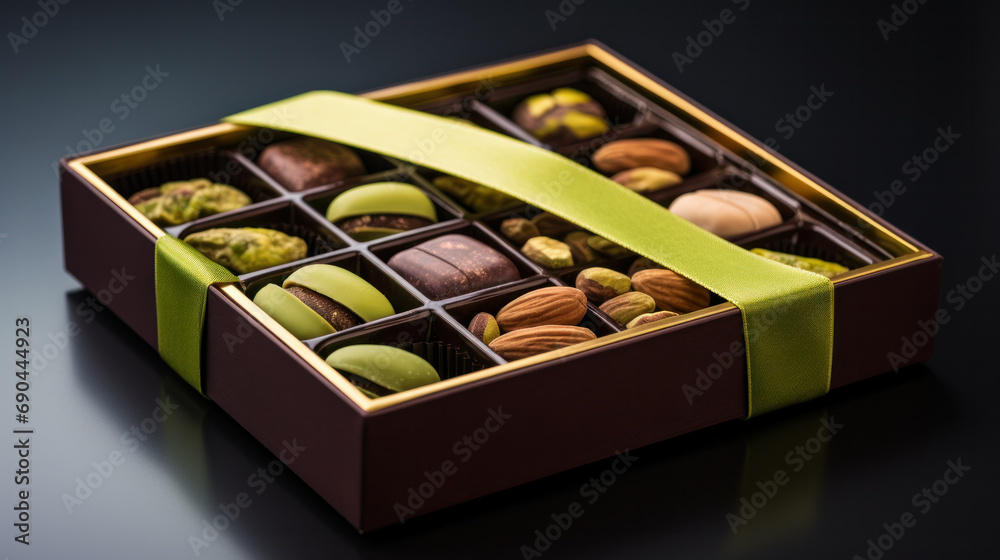 Chocolate bar with almond and pistachios on a white marble board. Two chocolate bars. Sweet dessert. Chocolate bar with almond and pistachios on a white marble board. Two chocolate bars. Sweet dessert.