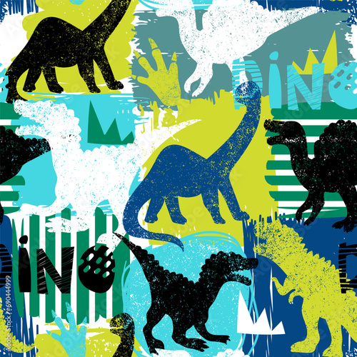 Fototapeta Naklejka Na Ścianę i Meble -  Grunge seamless pattern with dinosaur and graffiti words on blue background. Print for boys