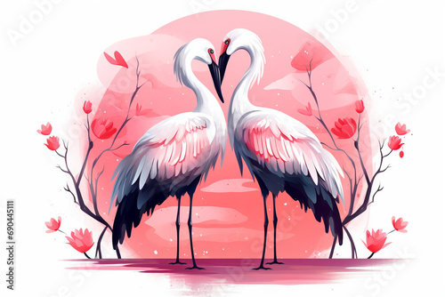 cartoon illustration of a pair of storks loving each other photo