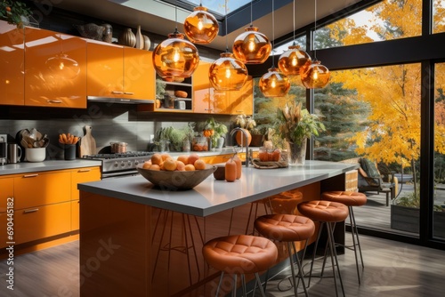 Kitchen Design with Vibrant Orange Cabinets and a Spacious Center Generative AI © Johnathan