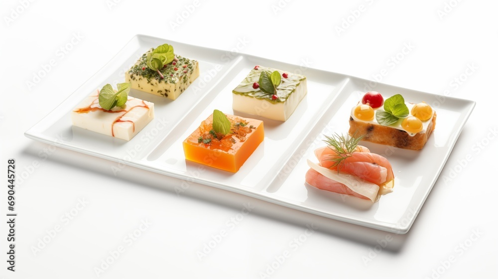 A white plate showcasing a diverse array of six appetizing food items. A white plate showcasing a diverse array of six appetizing food items.