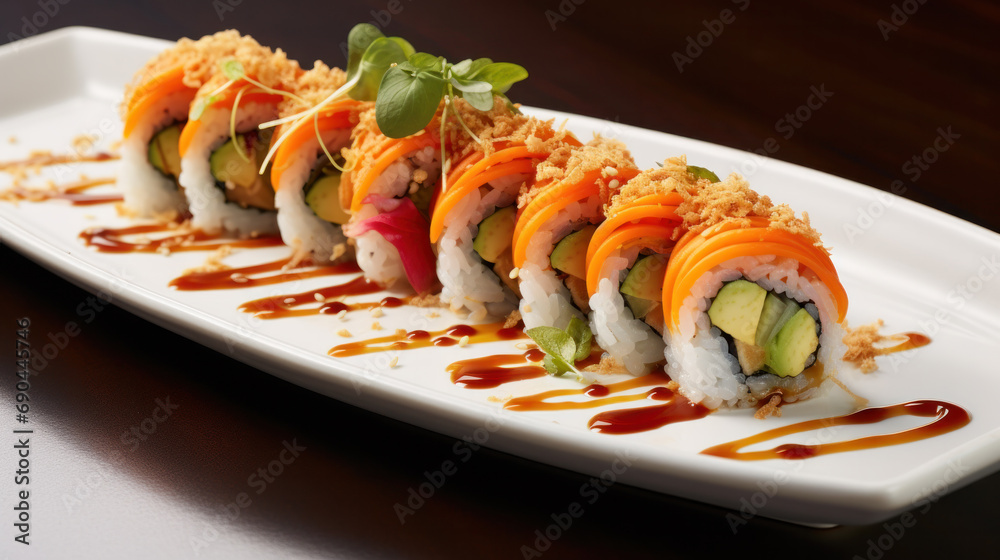 japanese sushi food. Maki ands rolls with tuna, salmon, shrimp, crab and avocado. Top view of assorted sushi. Rainbow sushi roll, uramaki, hosomaki and nigiri. japanese sushi food. Maki ands rolls with tuna, salmon, shrimp, crab and avocado. Top view of assorted sushi. Rainbow sushi roll, uramaki, hosomaki and nigiri.