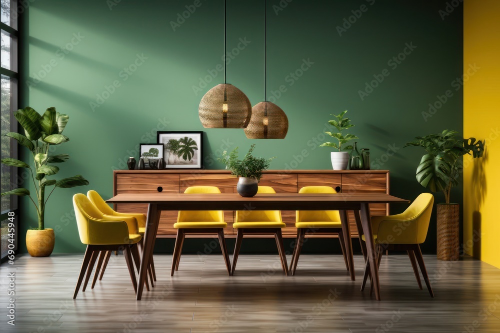 Dining Room with Green Walls and Yellow Chairs Generative AI
