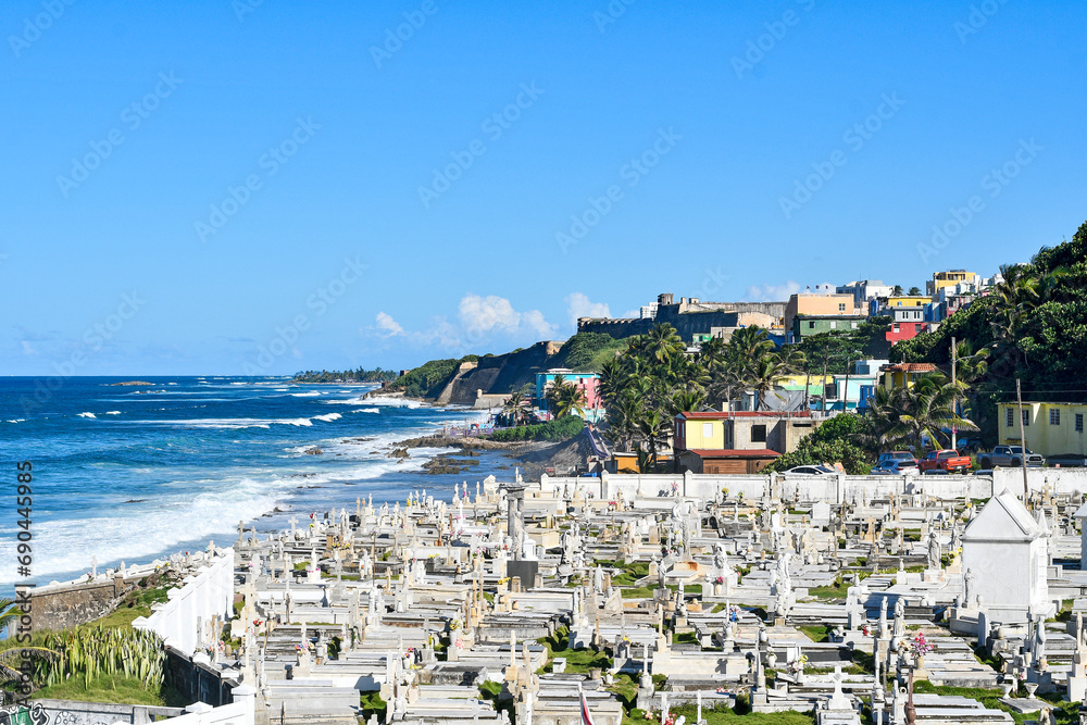 Tombstones at the historic, oceanfront, colonial-era Santa Maria Magdalena de Pazzis Cemetery or Old San Juan Cemetery on the island of Puerto Rico, United States.