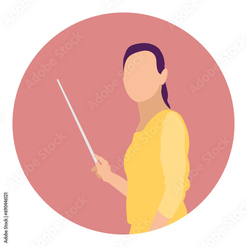 Flat character woman teacher on lesson in classroom. Woman Teacher with pointer, teacher showing on board. Vector illustration