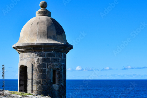 Turret over the ocean at the historic fort Castillo San Felipe del Morro in Old San Juan city on the caribbean island of Puerto Rico, United States