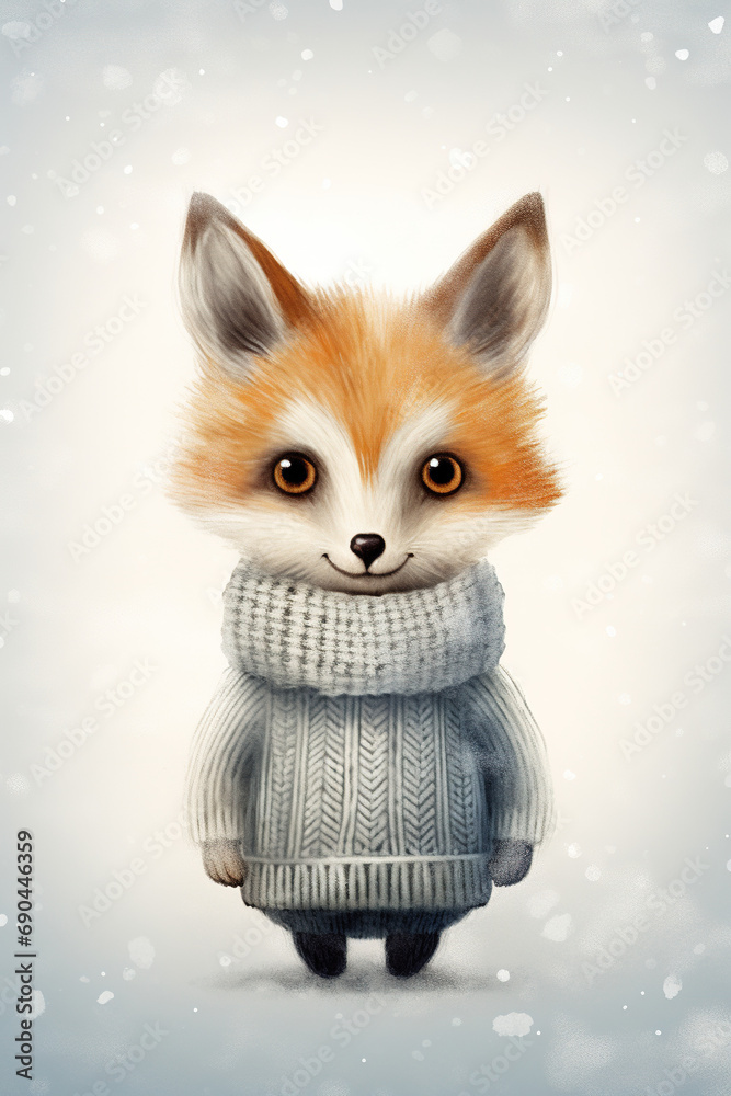 Cute fox in knitted sweater illustration