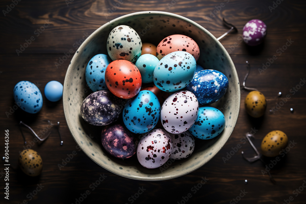 colorful Easter eggs on wooden table