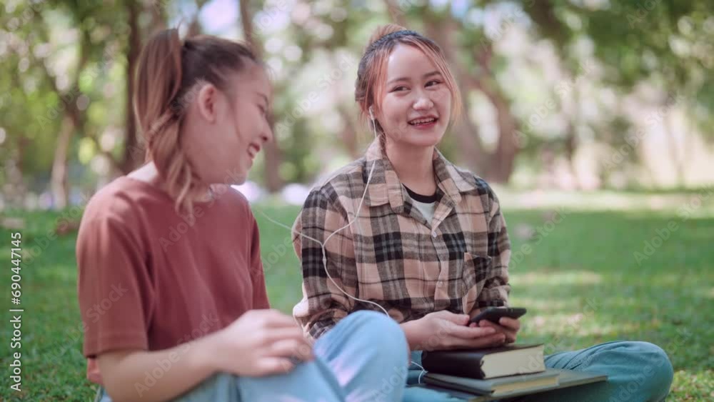 Asian female college student is using her smartphone to listen to music through headphones and sharing the experience with her friend, aiming to unwind and relax in a garden with lush green trees. Asian female college student is using her smartphone to listen to music through headphones and sharing the experience with her friend, aiming to unwind and relax in a garden with lush green trees.
