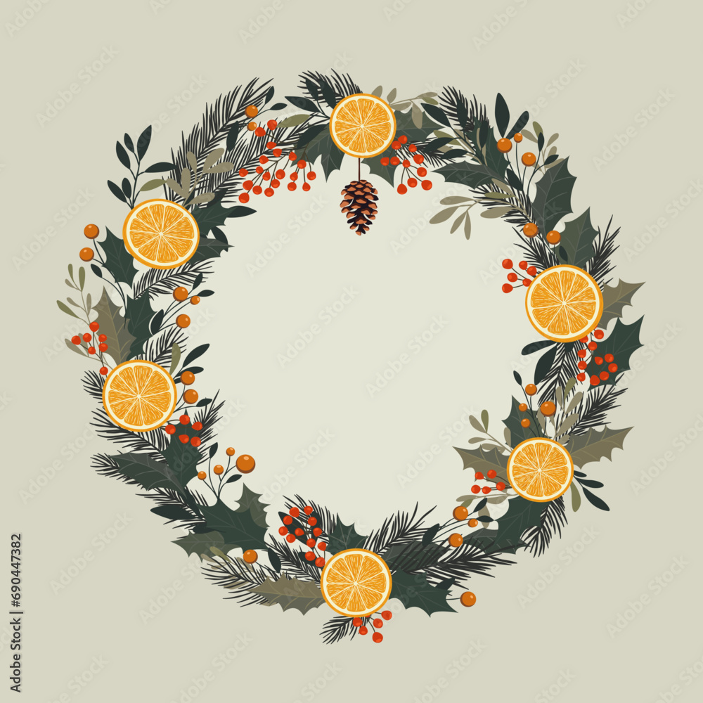 Świąteczna ramka z plastrami pomarańczy, liśćmi, gałązkami choinki i czerwonymi jagodami. Zimowa kompozycja do designu na Boże Narodzenie i Nowy Rok. - obrazy, fototapety, plakaty 