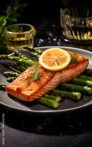 Grilled salmon with asparagus and lemon on plate