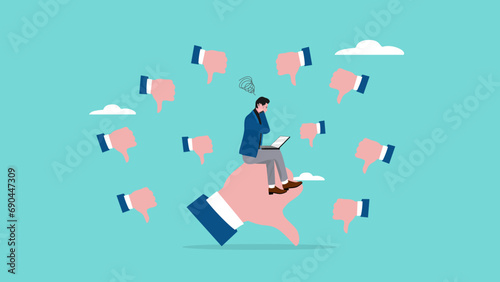 poor work performance illustration with the concept of businessman surrounded by people giving thumbs down, cheerful young man is surrounded by hands with thumbs down, negative opinion