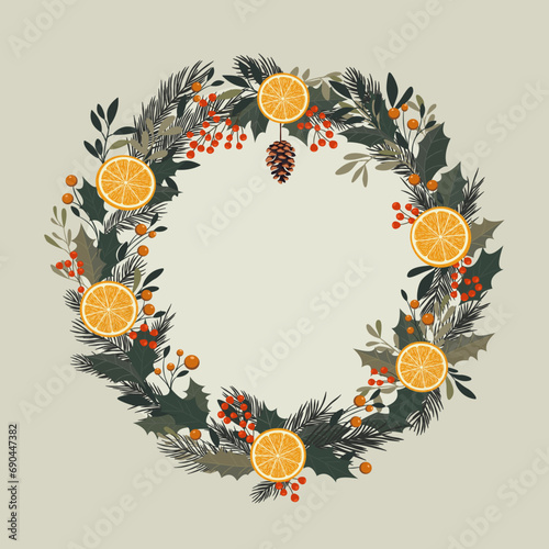Świąteczna ramka z plastrami pomarańczy, liśćmi, gałązkami choinki i czerwonymi jagodami. Zimowa kompozycja do designu na Boże Narodzenie i Nowy Rok.