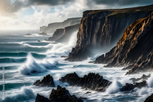 Dramatic coastal cliffs with waves crashing against the rocks. 