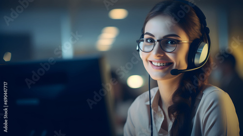 Woman talking on cell phone, customer care, call center assistant 