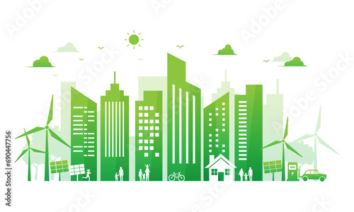 ecology environment and conservation green energy city on white background. green eco home friendly sustainable development. Vector illustration in flat design on white background. Clean and natural.