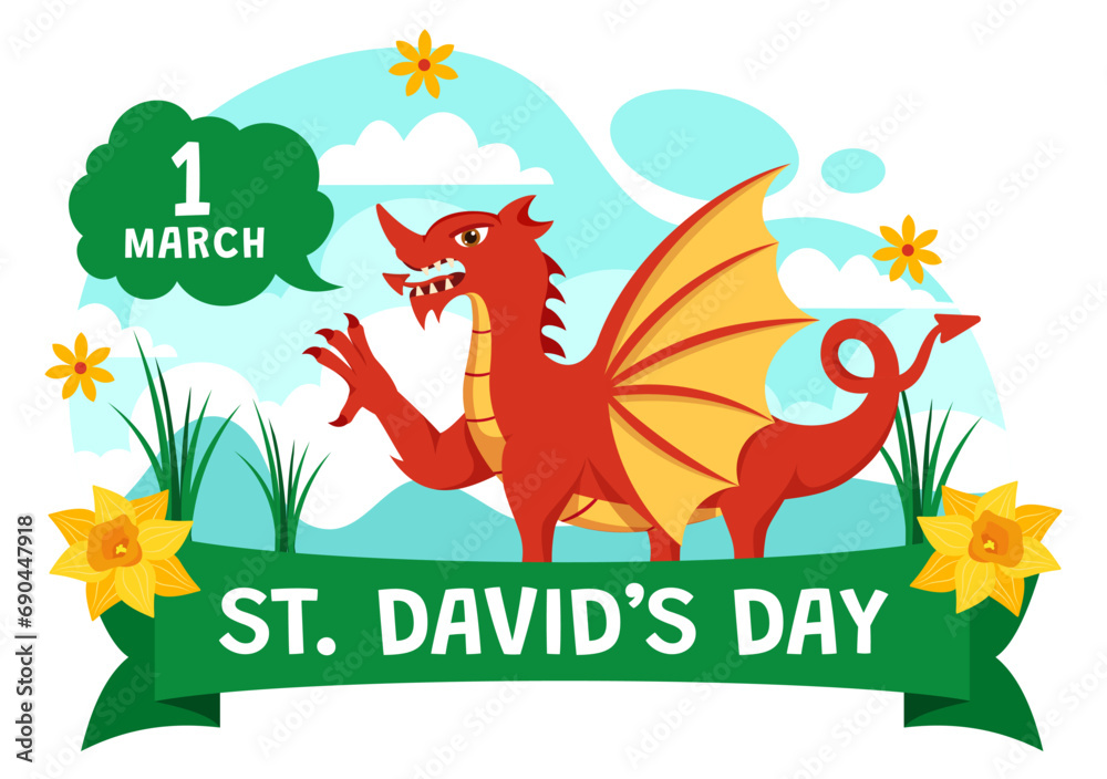 Happy St David's Day Vector Illustration on March 1 with Welsh Dragons and Yellow Daffodils in Celebration Holiday Flat Cartoon Background Design