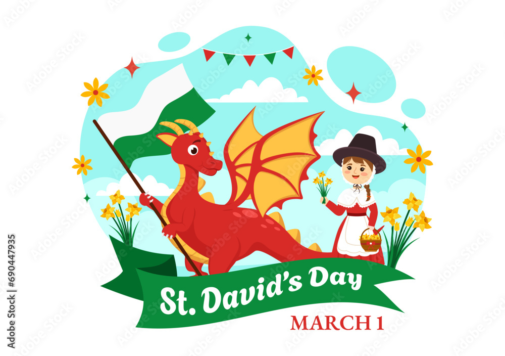 Fototapeta premium Happy St David's Day Vector Illustration on March 1 with Welsh Dragons and Yellow Daffodils in Celebration Holiday Flat Cartoon Background Design