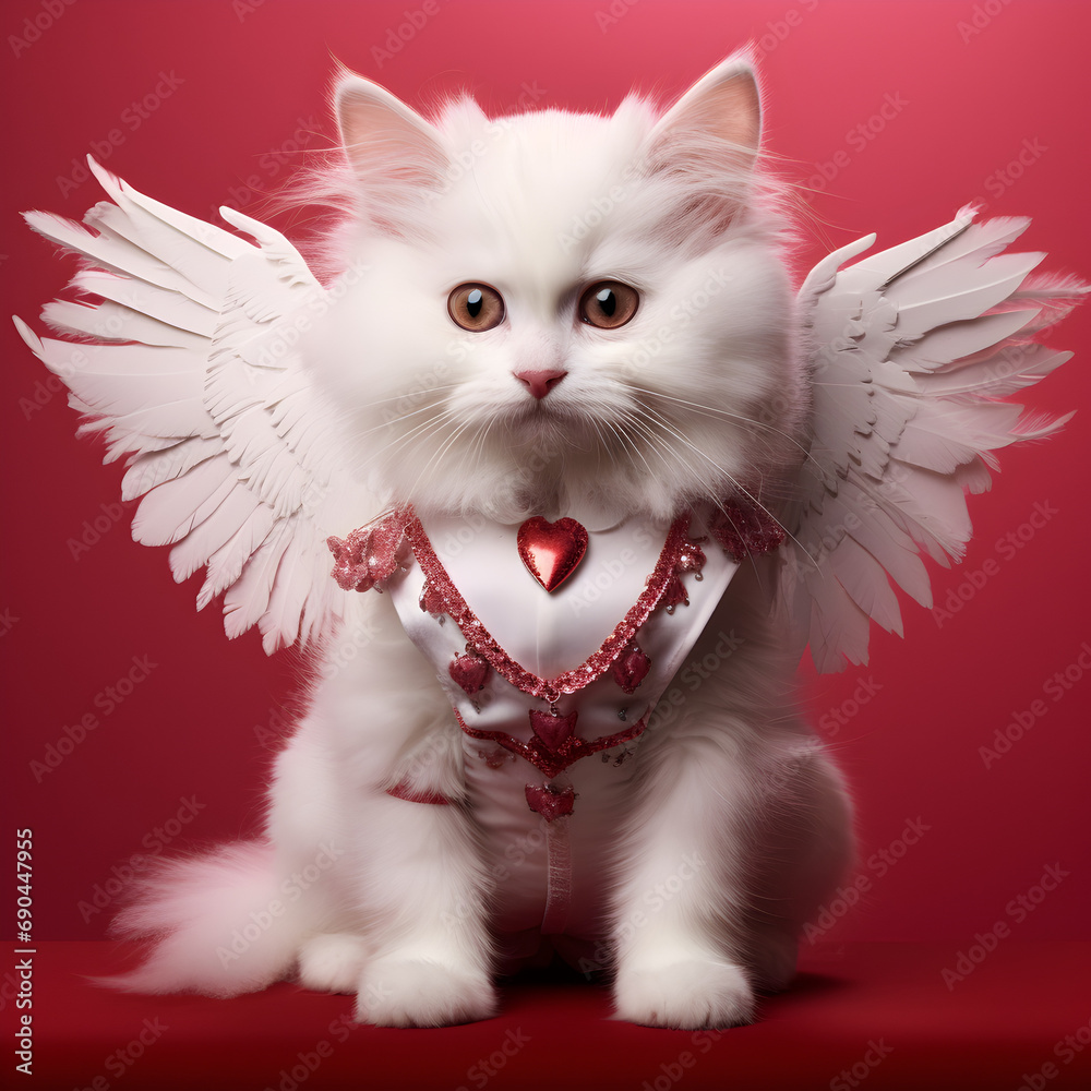 A Valentine's Day kitten wearing a cupid costume with a red background A Valentine's Day kitten wearing a cupid costume with a red background