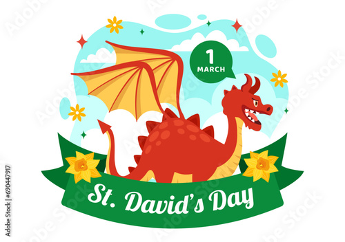 Happy St David's Day Vector Illustration on March 1 with Welsh Dragons and Yellow Daffodils in Celebration Holiday Flat Cartoon Background Design
