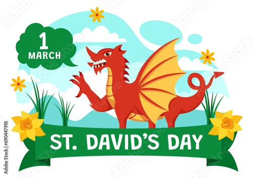 Happy St David's Day Vector Illustration on March 1 with Welsh Dragons and Yellow Daffodils in Celebration Holiday Flat Cartoon Background Design