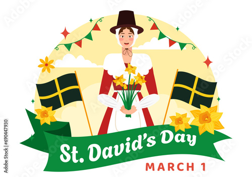 Happy St David's Day Vector Illustration on March 1 with Welsh Dragons and Yellow Daffodils in Celebration Holiday Flat Cartoon Background Design