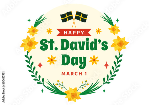 Happy St David's Day Vector Illustration on March 1 with Welsh Dragons and Yellow Daffodils in Celebration Holiday Flat Cartoon Background Design
