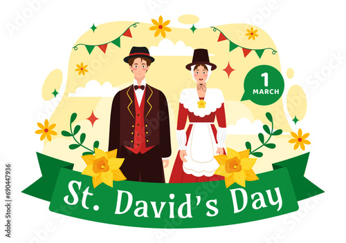 Happy St David's Day Vector Illustration on March 1 with Welsh Dragons and Yellow Daffodils in Celebration Holiday Flat Cartoon Background Design