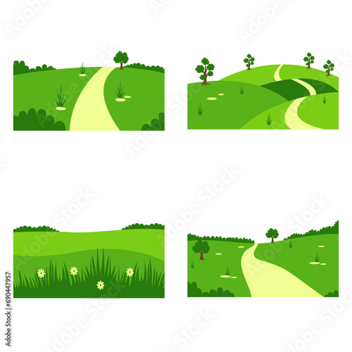 Field Green Hills With Aesthetic Pattern and Design. Vector Illustration Set