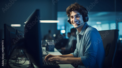 Man talking on cell phone, customer care, call center assistant 