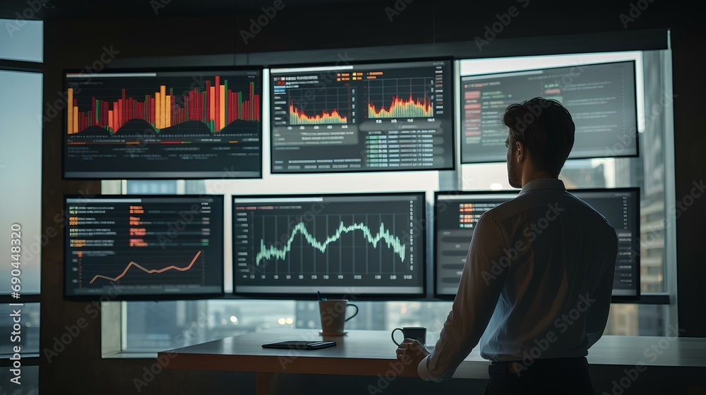 A data scientist extracting insights from big data analysis. His screen is filled with large data sets and graphs. generative AI A data scientist extracting insights from big data analysis. His screen is filled with large data sets and graphs. generative AI
