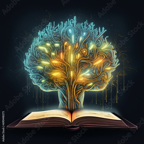 Concept of knowledge, education with open book and human brain,vector art,oil painting.