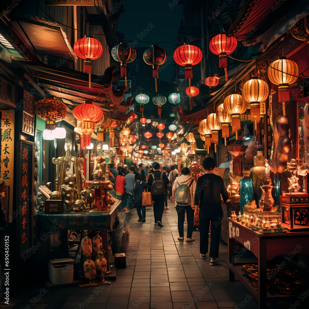 A bustling night market with colorful lanterns