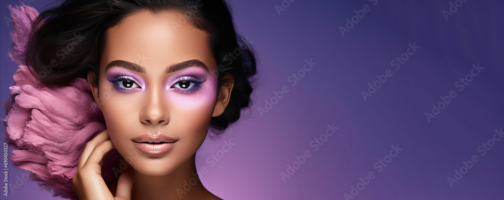 Radiant and Mesmerizing. Woman with Exquisite and Innovative Makeup Transformation. Beauty Banner concept Radiant and Mesmerizing. Woman with Exquisite and Innovative Makeup Transformation. Beauty Banner concept