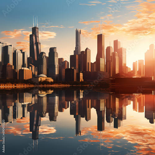 A city skyline reflected in a calm river