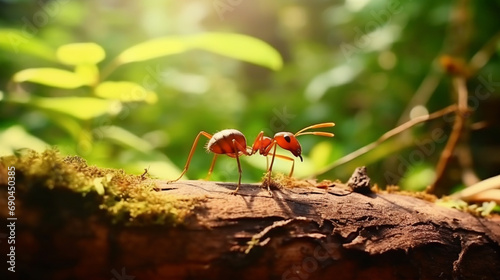 red ant in the nature. Red ants are looking for food on green branches. Work ants. generative ai