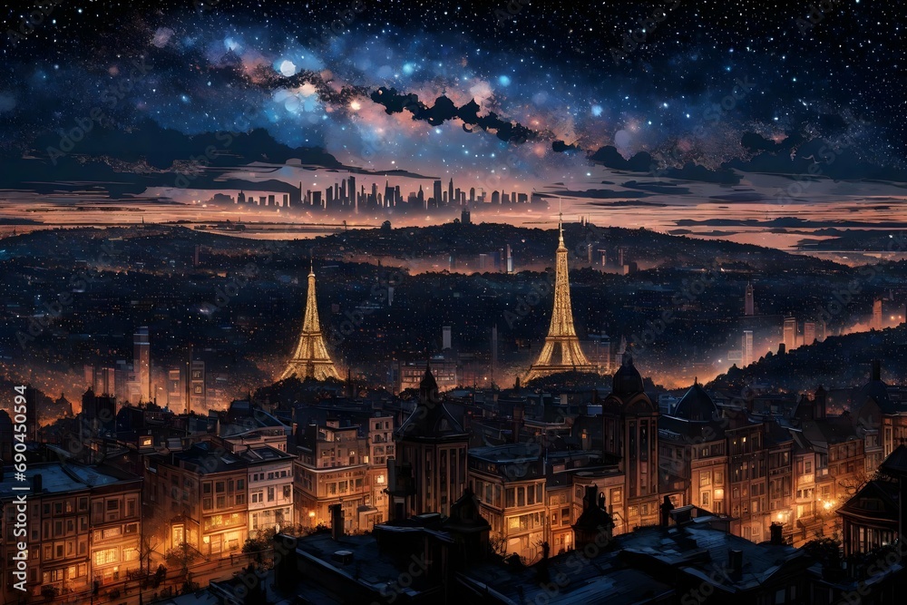 A city skyline at midnight, illuminated by a tapestry of twinkling lights against the backdrop of a star-studded sky.


