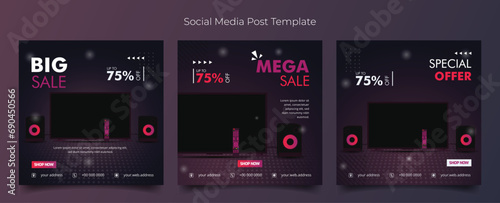 Social media post template with television set in dark purple abstract background for advertising