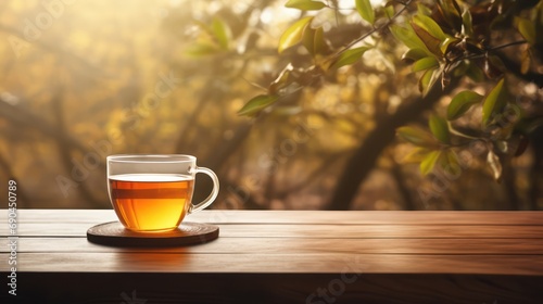 A cup of tea with copy space, blurred nature background.  photo
