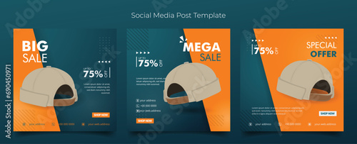 Social media post template with batch hat in orange green geometric background for shop advertising