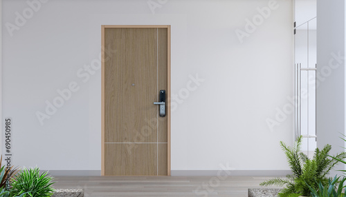 Door way with digital locking on wood door. Digital door handle with wood door panel.