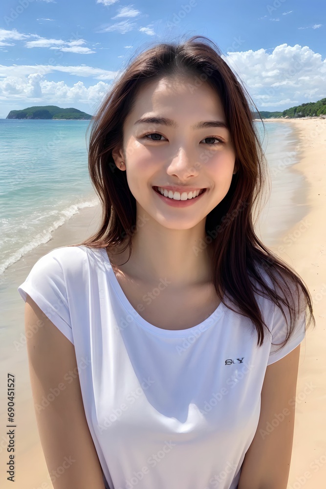 Young Woman Enjoying the Beach in a Bright, Trendy T-Shirt Young Woman Enjoying the Beach in a Bright, Trendy T-Shirt
