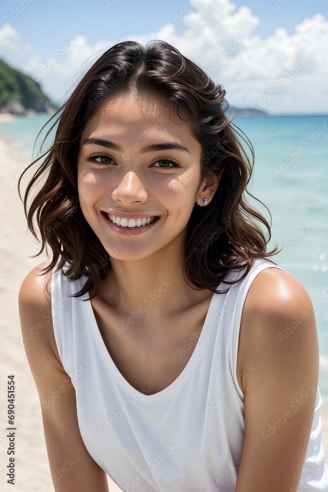 Young Woman Enjoying the Beach in a Bright, Trendy T-Shirt Young Woman Enjoying the Beach in a Bright, Trendy T-Shirt
