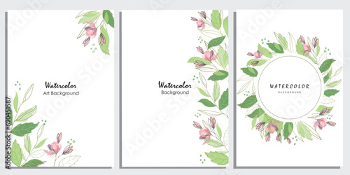 Set of abstract background with watercolor golden leaves. Greenery minimalist vector frames. Hand painted branches, leaves on white background.