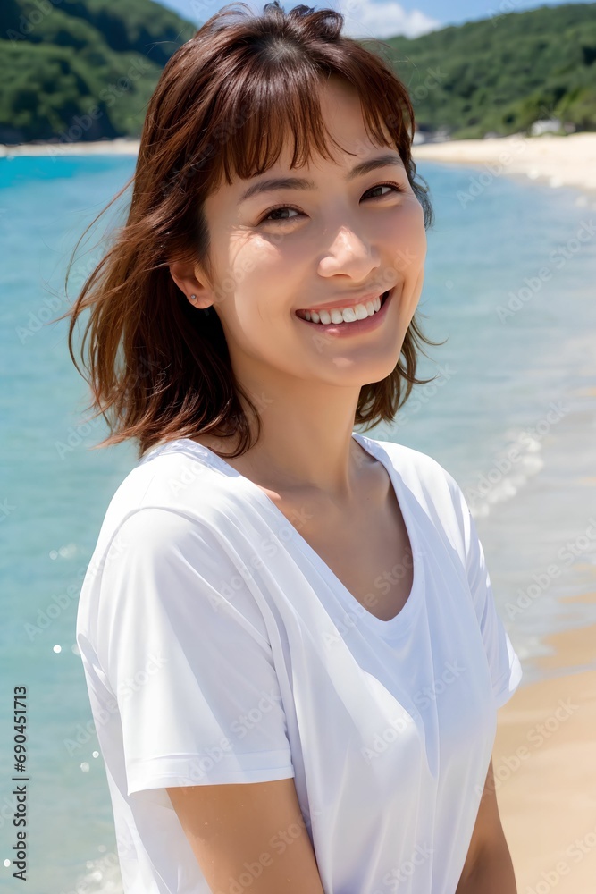 Young Woman Enjoying the Beach in a Bright, Trendy T-Shirt Young Woman Enjoying the Beach in a Bright, Trendy T-Shirt
